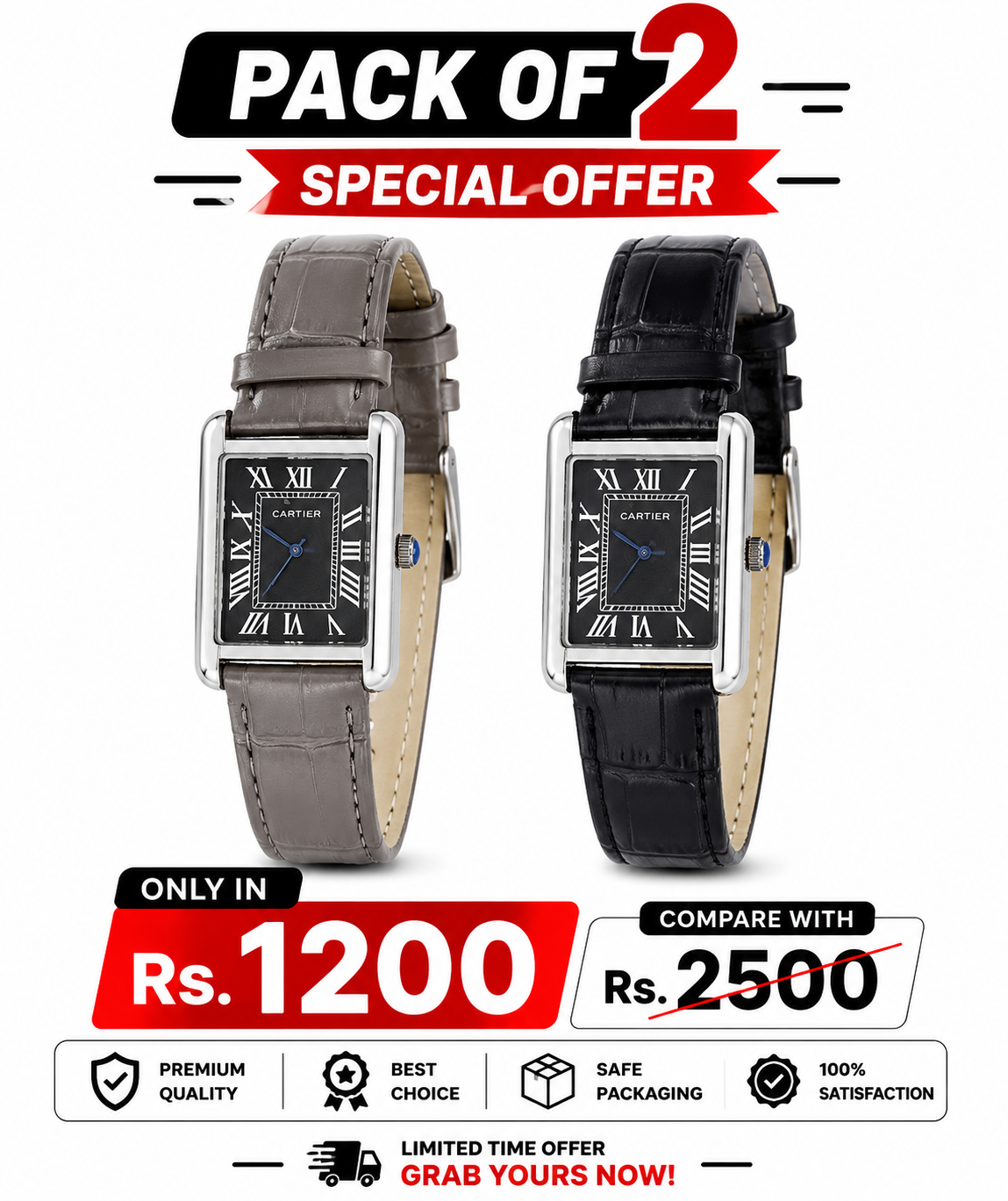 Rectangular dress watch set with grey and black leather straps, roman numeral dials.