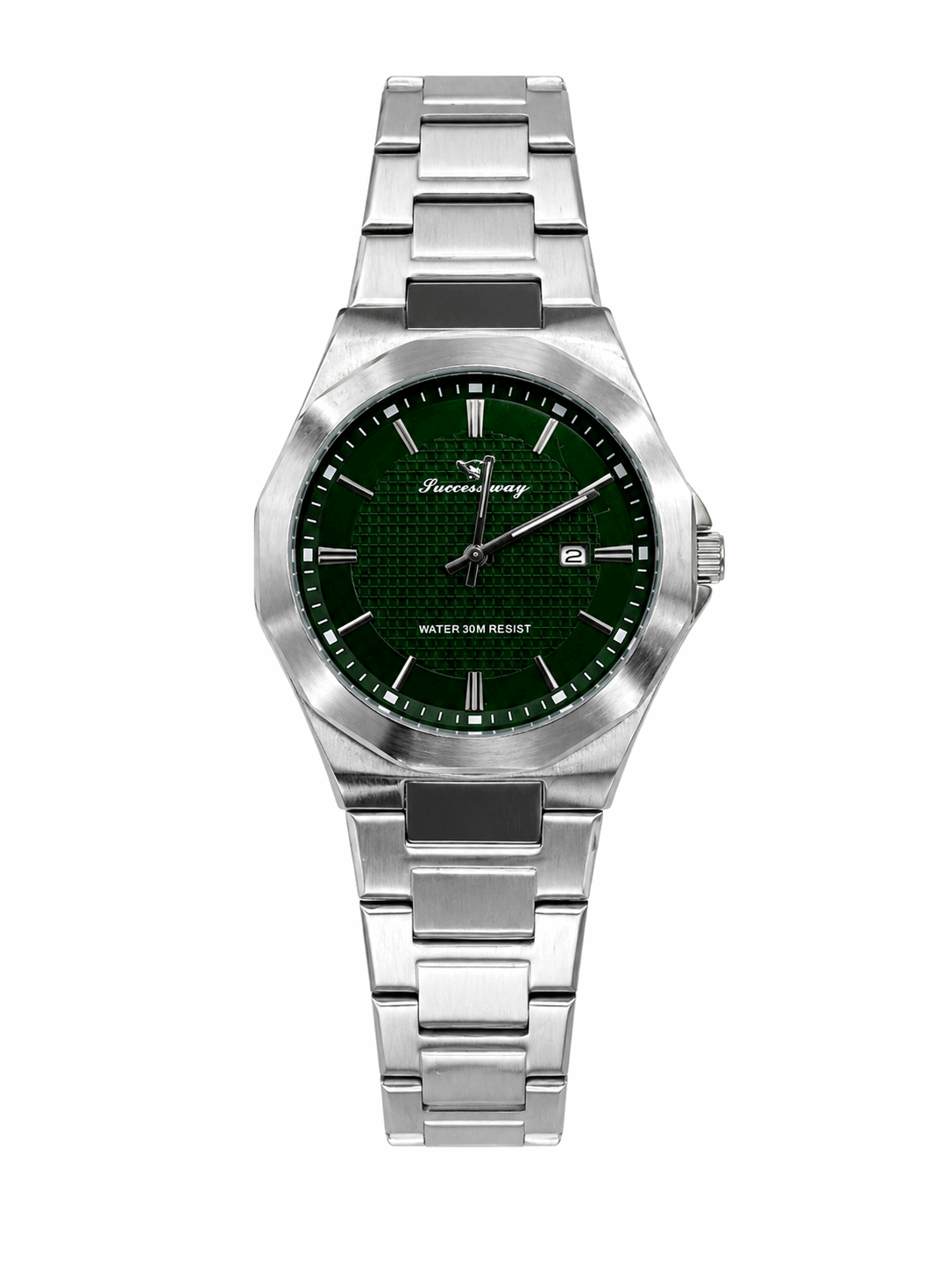 Men's stainless steel analog watch with green dial, date window at 3, metal bracelet