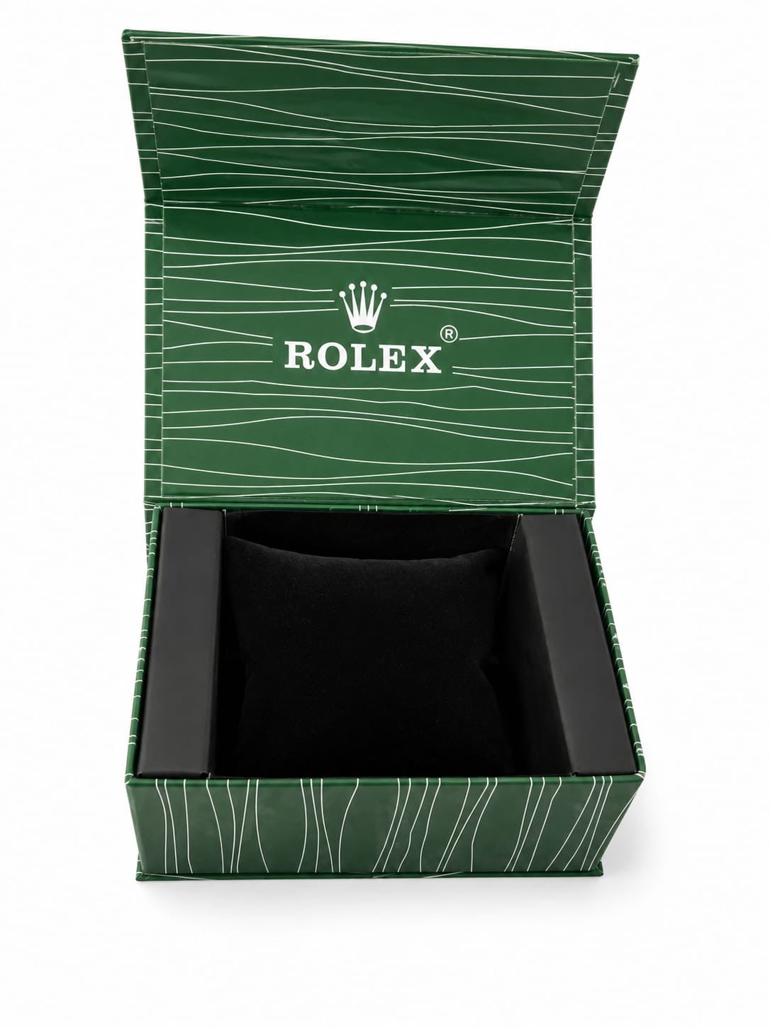 Green Rolex watch box with open lid and black insert