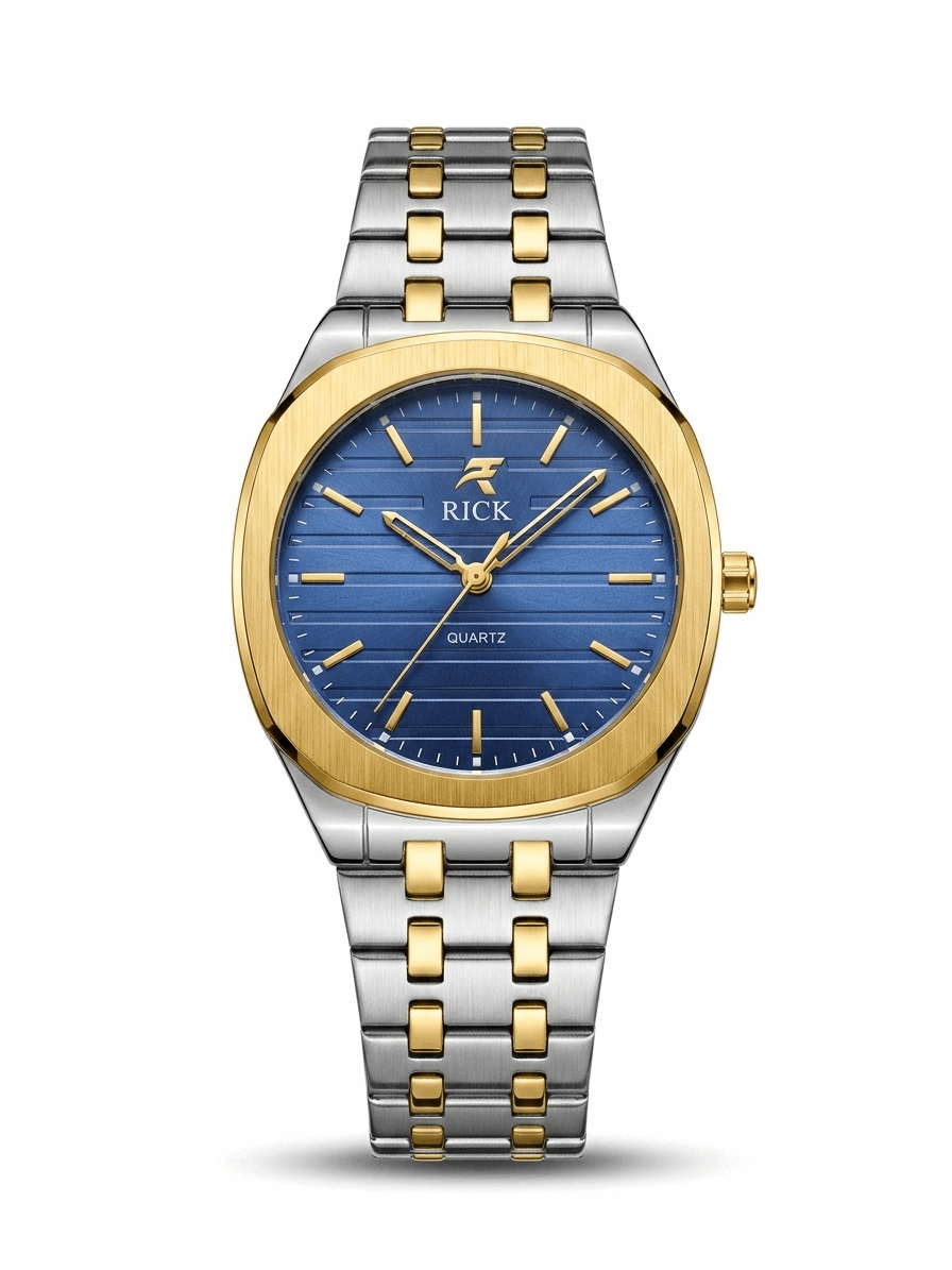 Two-tone waterproof slim watch, green dial, gold-and-silver metal bracelet