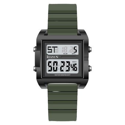 Sports digital waterproof watch with green silicone strap and black case, LED time display