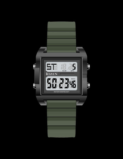 Sports digital waterproof watch with green striped strap and black case, rectangular screen