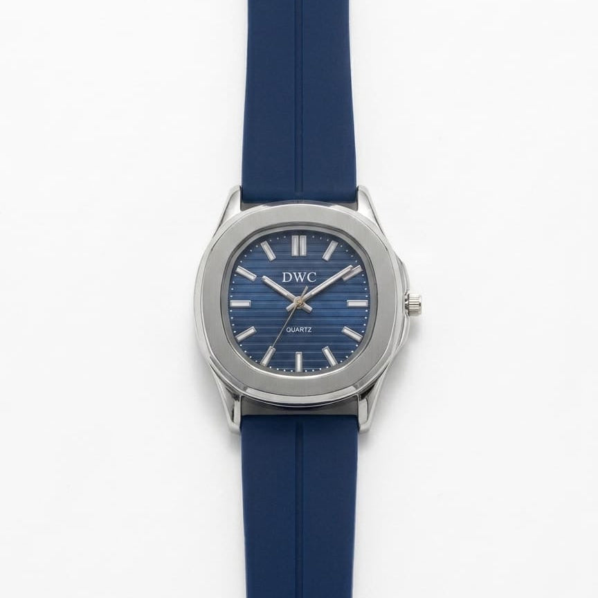 Men's quartz watch with blue silicone strap, silver case, and blue dial