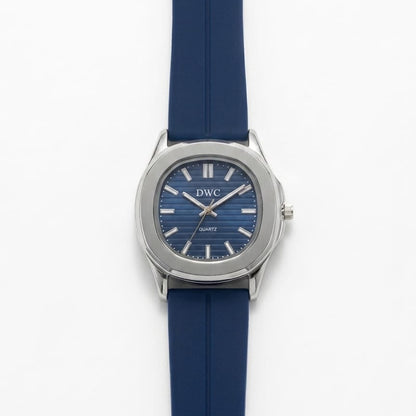 Men's quartz watch with blue silicone strap, silver case, and blue dial