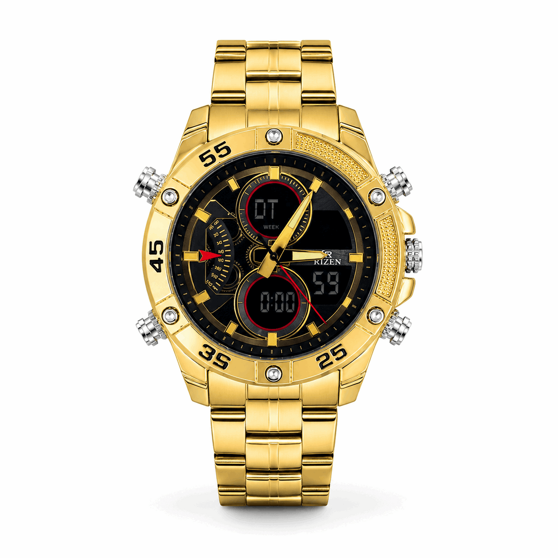 Black sport dual-time wristwatch with metal link bracelet and chronograph subdials.