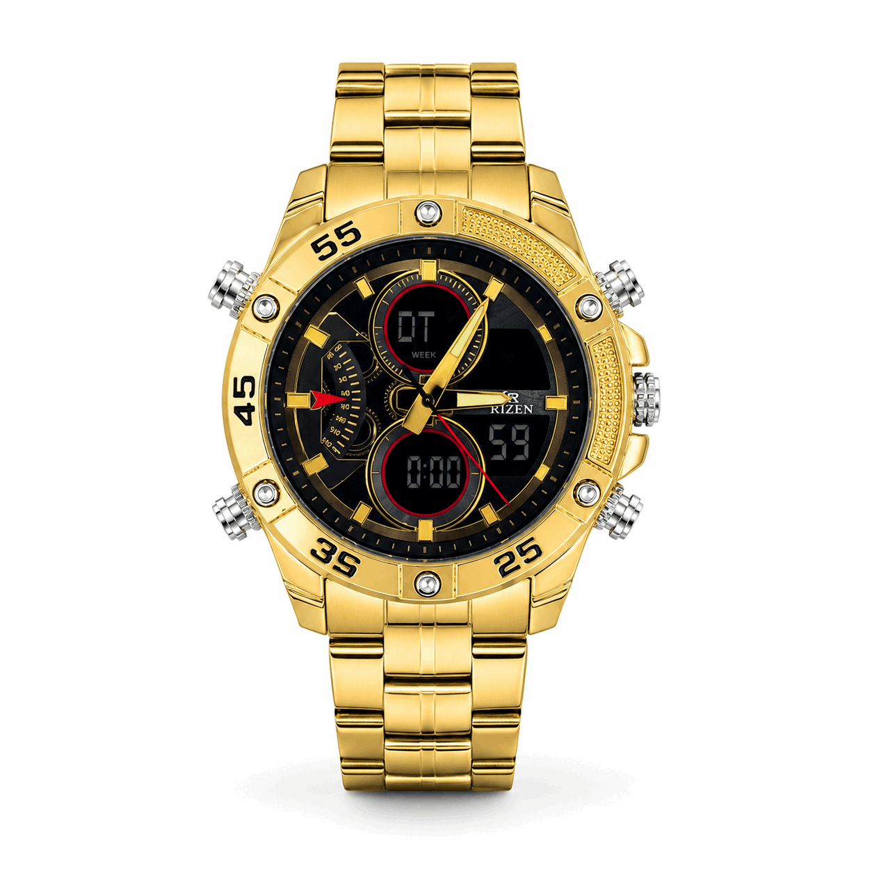 Gold sport dual-time wristwatch with metal link bracelet and chronograph subdials.