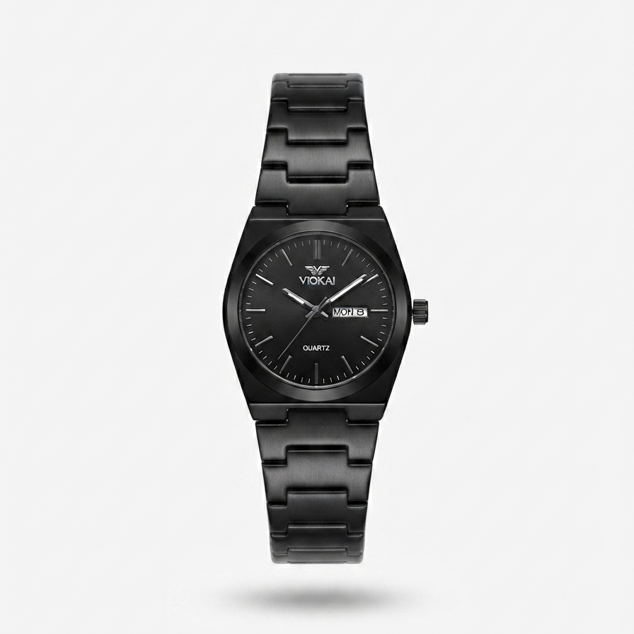 A Vokai black stainless steel watch with a black dial, black hands, and a black link bracelet, shown against a light gray background.