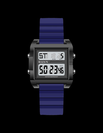 Sports digital waterproof watch with blue silicone strap and black case, rectangular LED display