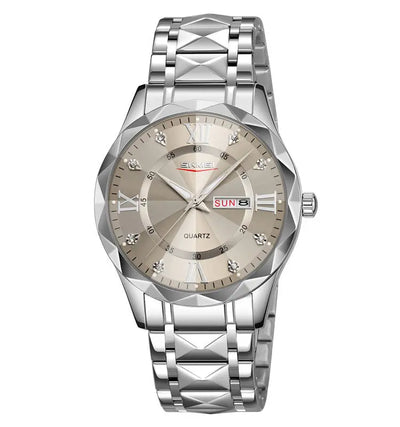 Men's diamond-cut waterproof wristwatch with beige dial and silver metal bracelet