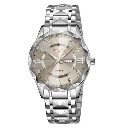Men's diamond-cut waterproof wristwatch with beige dial and silver metal bracelet
