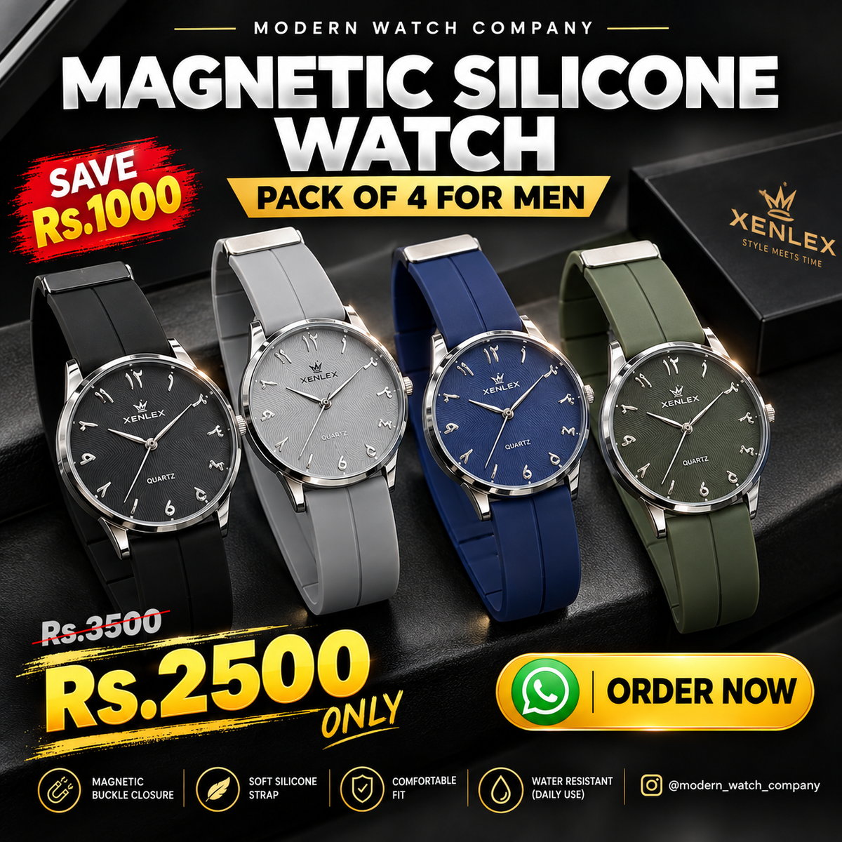 Four magnetic silicone wristwatches: black, gray, blue, green dials