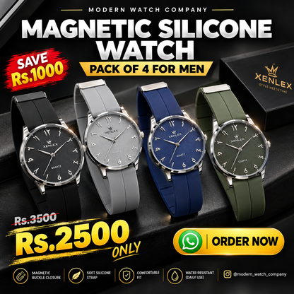 Four magnetic silicone wristwatches: black, gray, blue, green dials