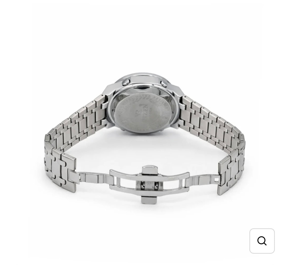 Dual time sports watch back with silver metal link bracelet, case underside visible