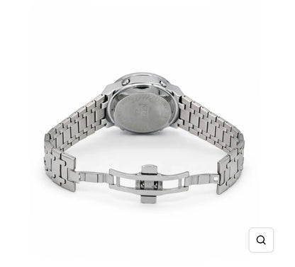 Dual time sports watch back with silver metal link bracelet, case underside visible