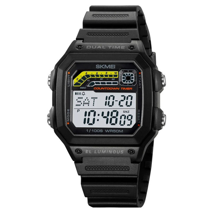 Black digital sport wristwatch with dual time, countdown timer, and dual display