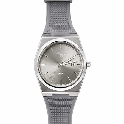 Men's silicone strap watch with light dial and gray rubber band, round steel case.