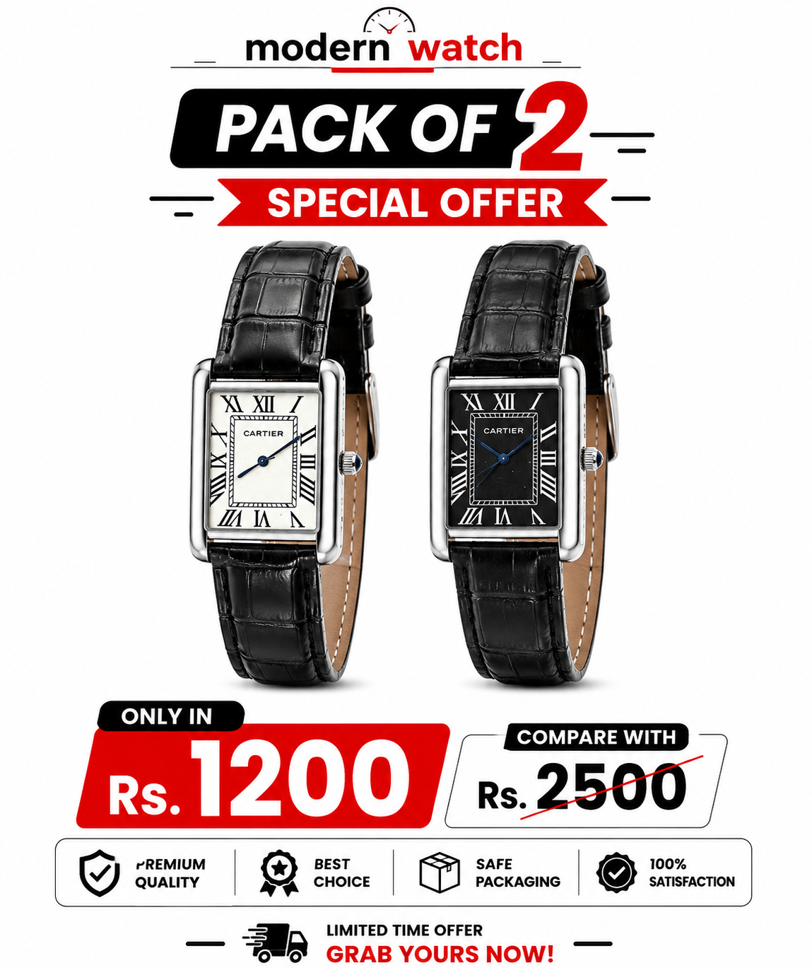 Rectangular dress watch set with two black leather straps, roman numeral dials.