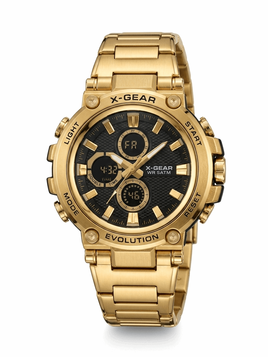 Gold dual-time waterproof wristwatch with dark dial and gold link bracelet