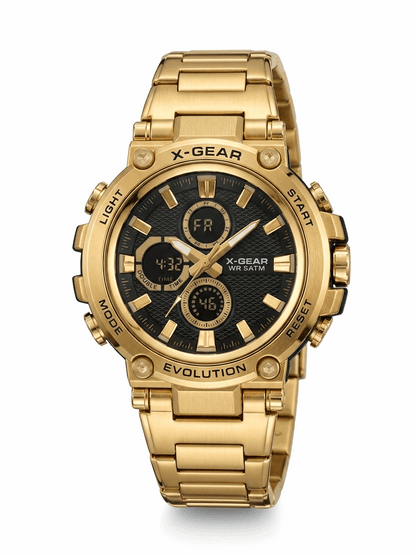 Gold dual-time waterproof wristwatch with dark dial and gold link bracelet