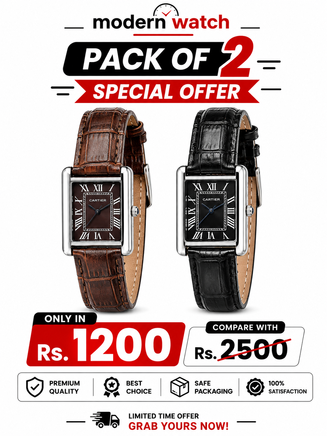 Rectangular dress watch set with brown leather and black leather straps, roman numeral dials.