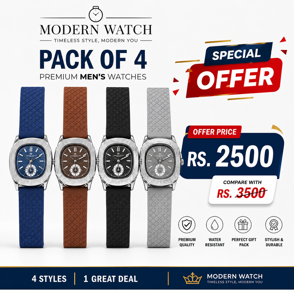 Pack of four premium men's watches in navy blue, brown, black, and silver with special offer price