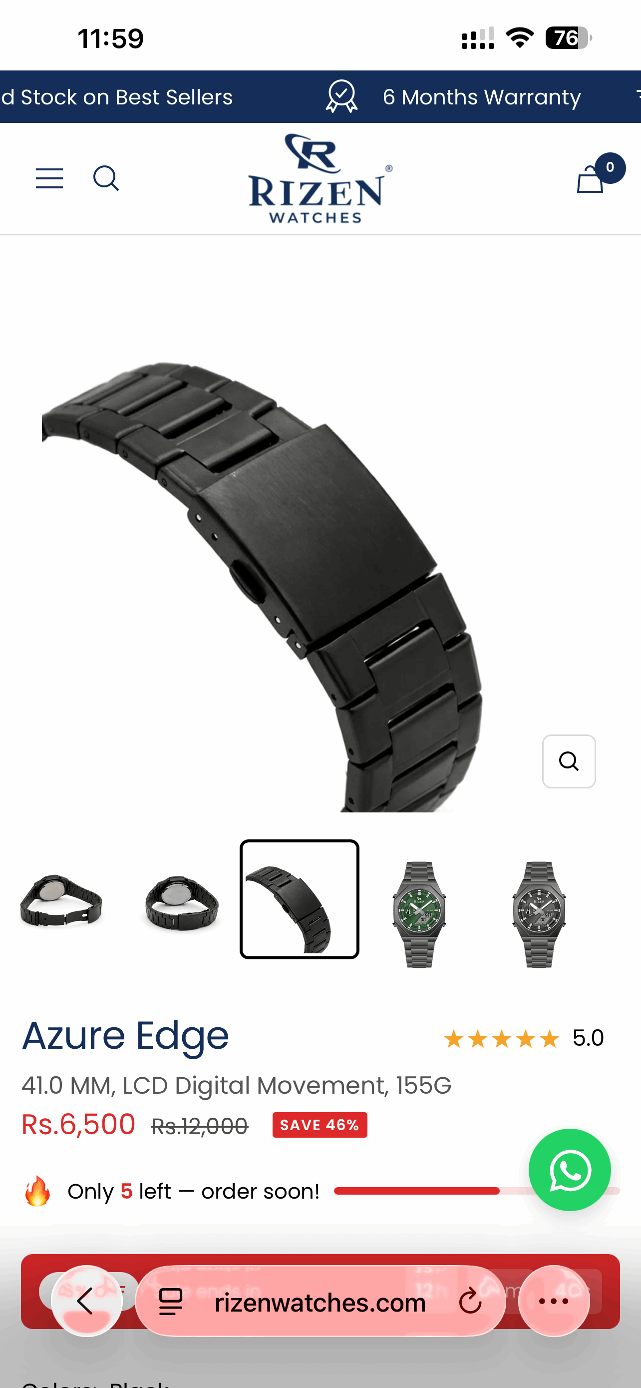 Black sport watch bracelet with clasp