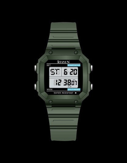 Rizen men's waterproof sports watch with green rubber strap, digital display