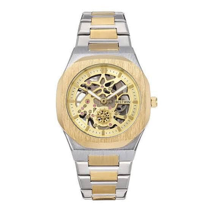 Waterproof Bestwin skeleton watch with gold-tone dial, two-tone metal link band