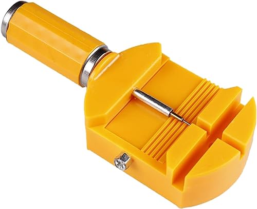 Yellow watch strap pin remover tool with adjustment grooves and metal pin