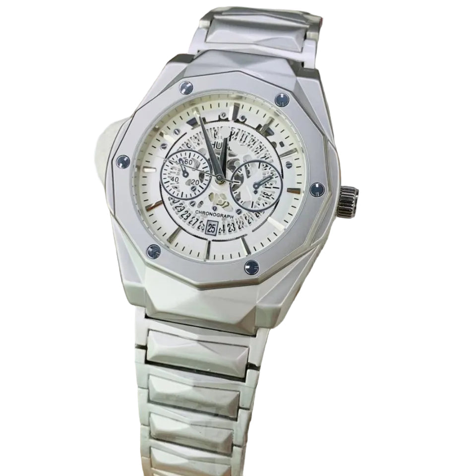 Automatic diamond-cut chain watch with white dial and silver metal bracelet