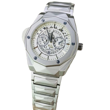 Automatic diamond-cut chain watch with white dial and silver metal bracelet