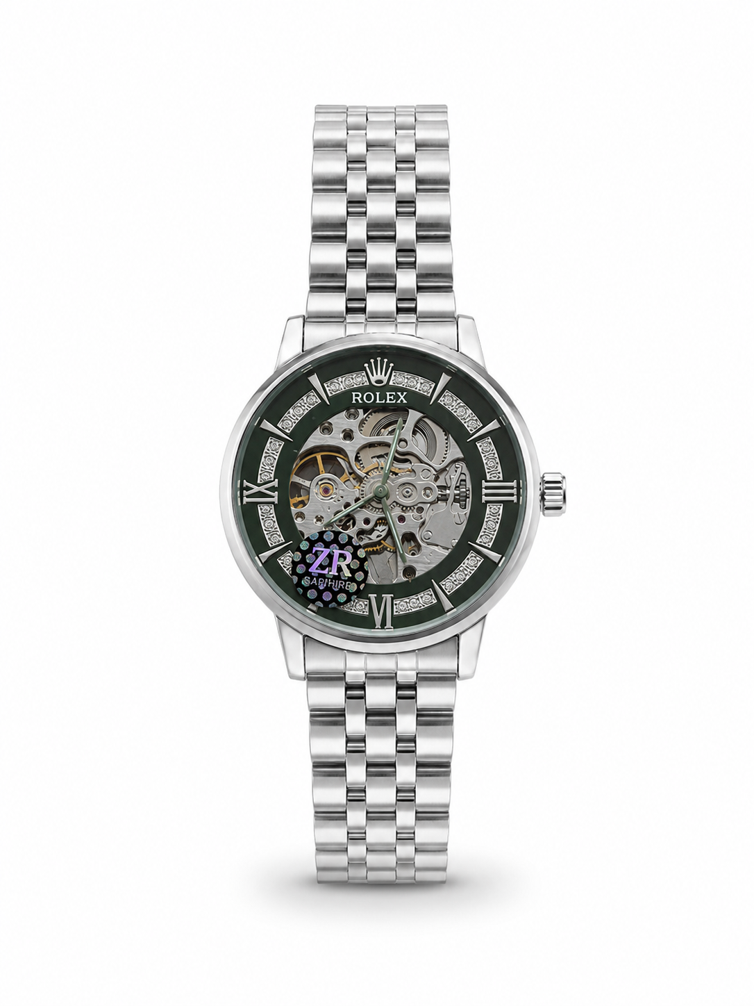 ZR Sapphire ladies skeleton automatic watch - blue dial full silver steel bracelet