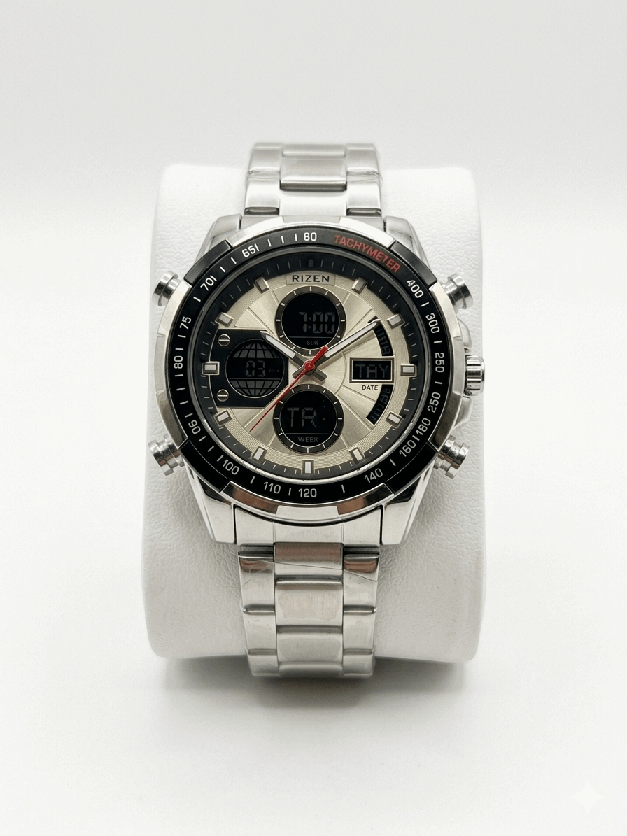 Silver metal sports watch with black dial and light accents, dual subdials