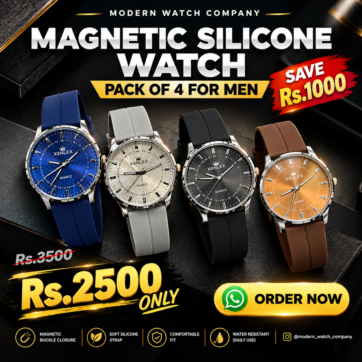 Four magnetic silicone wristwatches: blue, gray, black, brown dials