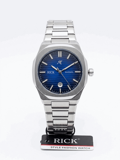 Men's weighted stainless steel watch with blue dial and metal bracelet