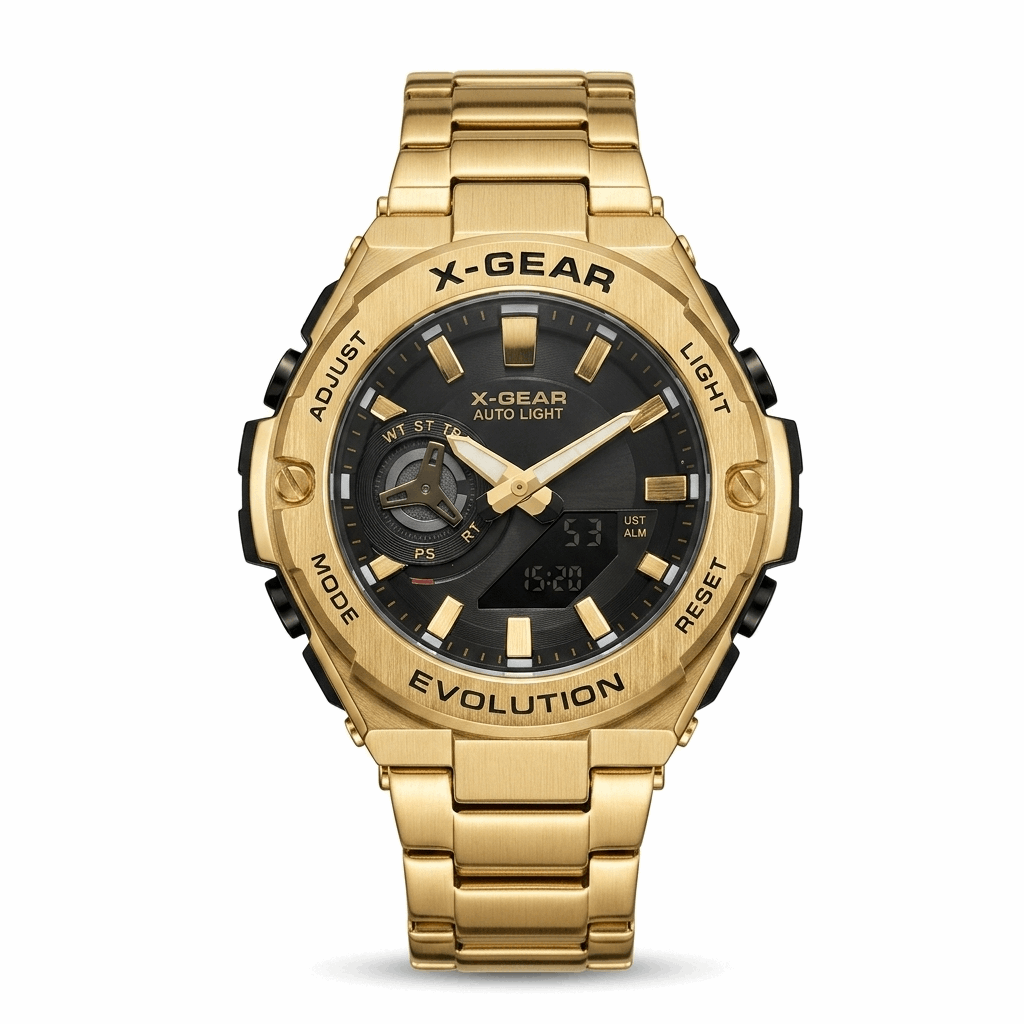 Gold dual-time waterproof wristwatch with dark dial and gold link bracelet
