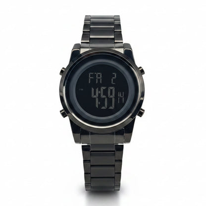 Digital alarm men's watch, silver metal band, dark face, digital time display.