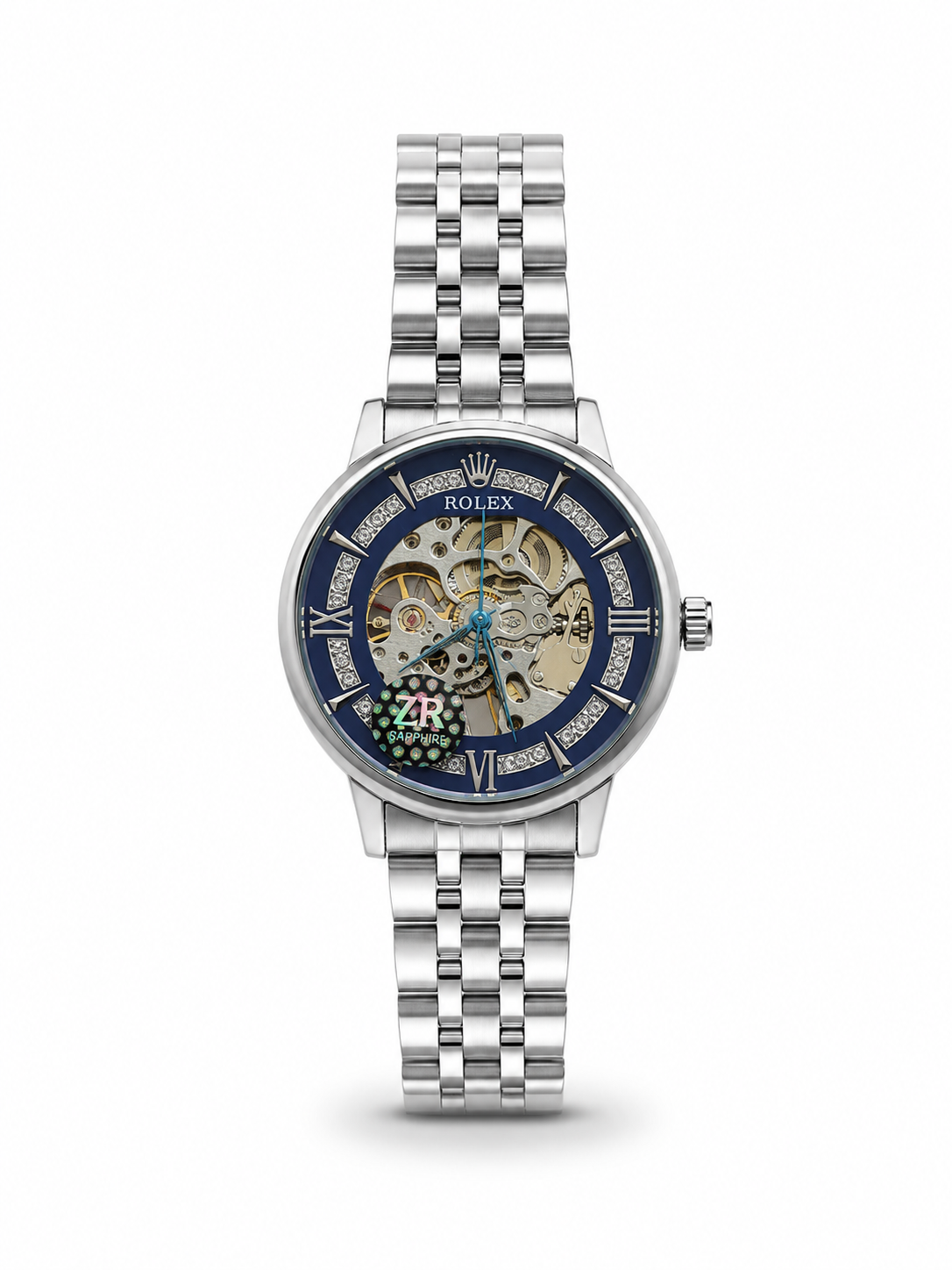 ZR Sapphire ladies skeleton automatic watch - black dial full silver steel bracelet