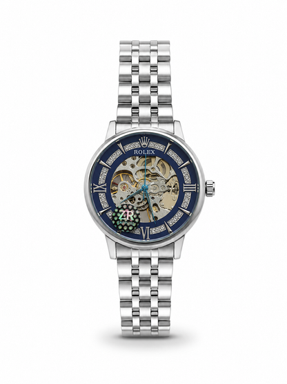 Men's skeleton automatic watch with silver steel bracelet, dark blue open-dial design