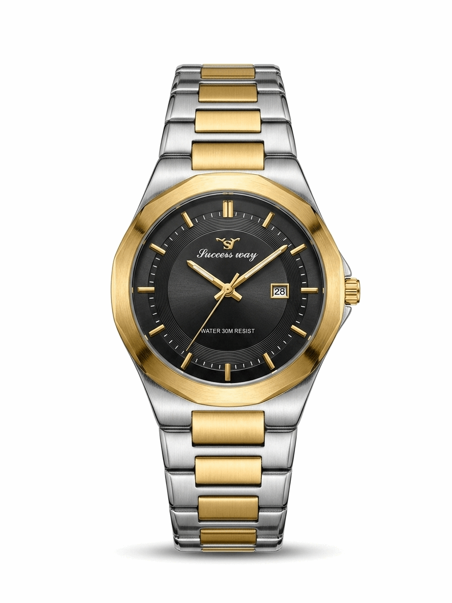 Two-tone men's wristwatch, black dial with gold markers and metal link bracelet