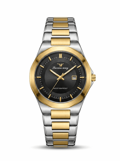 Two-tone men's wristwatch, black dial with gold markers and metal link bracelet