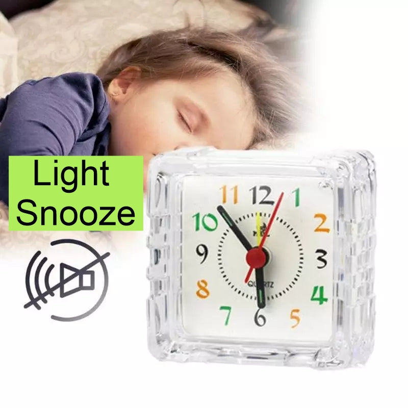 Clear mini desk alarm clock face with multicolor numbers and colored hour/minute hands