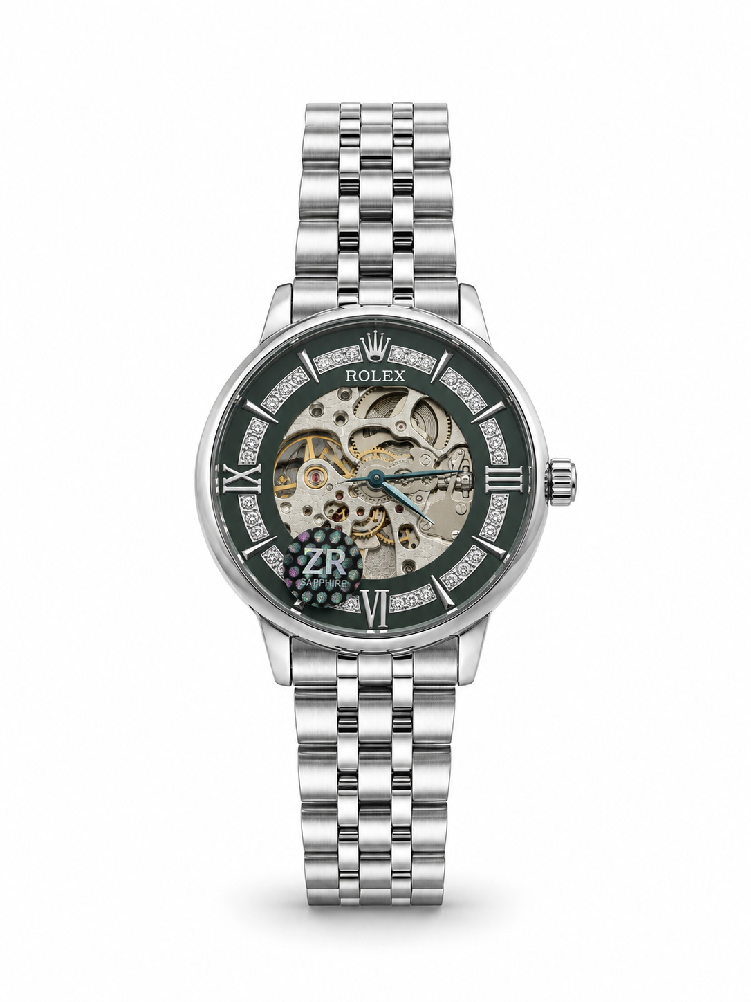 Men's skeleton automatic watch with silver steel bracelet, green open-dial skeleton movement