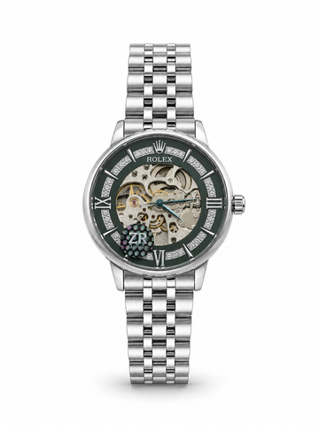 ZR Sapphire ladies skeleton automatic watch - silver/white dial full silver steel bracelet