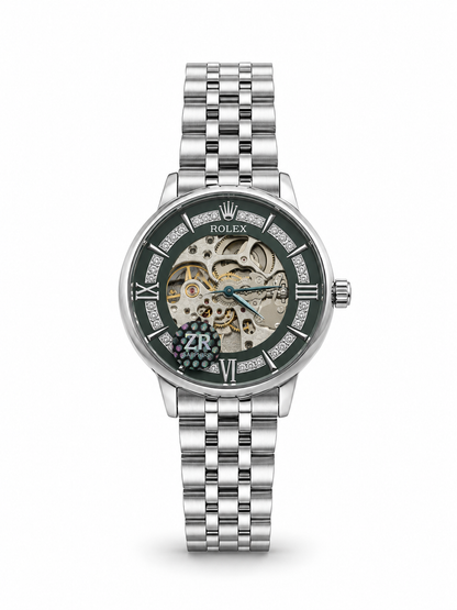 Men's skeleton automatic watch with silver steel bracelet, green open-dial skeleton movement