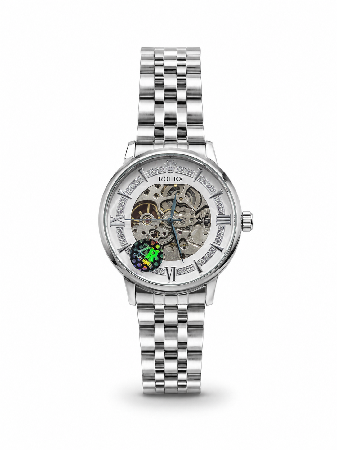 Men's skeleton automatic watch with silver steel bracelet, green open-dial skeleton movement