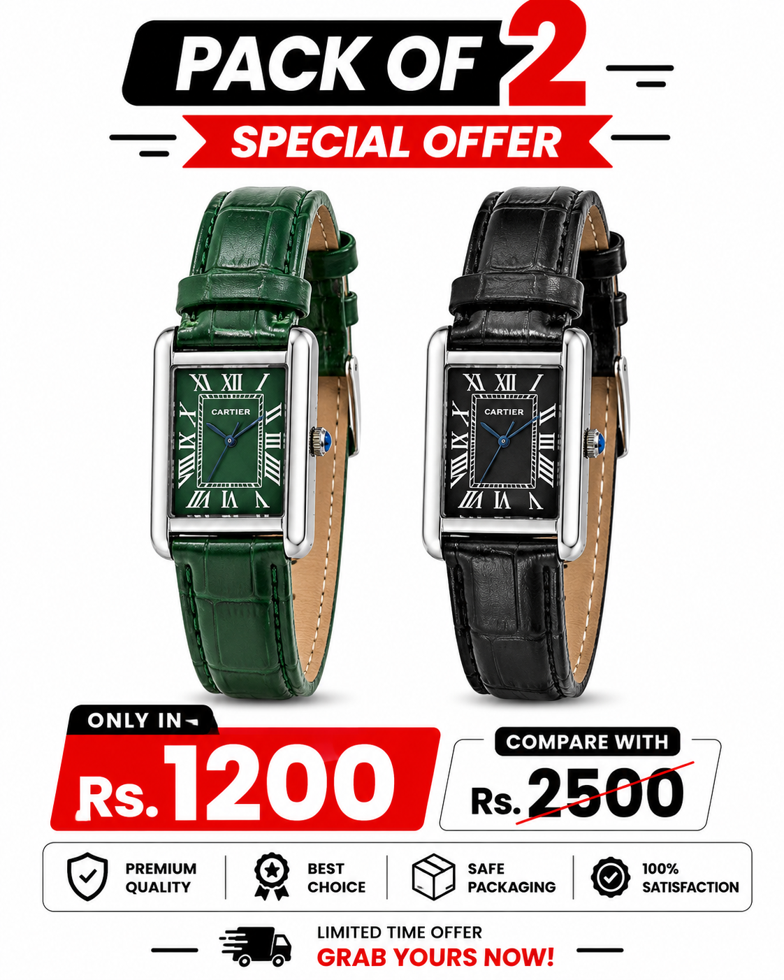 Rectangular dress watch set with green and black leather straps, roman numeral dials.