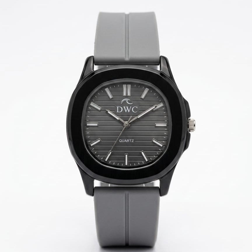 Men's quartz watch with gray silicone strap and dark gray dial, black case
