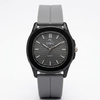 Men's quartz watch with gray silicone strap and dark gray dial, black case