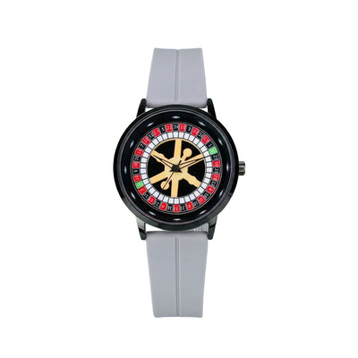 Men's rotating casino-style watch with gold dial and light gray silicone strap
